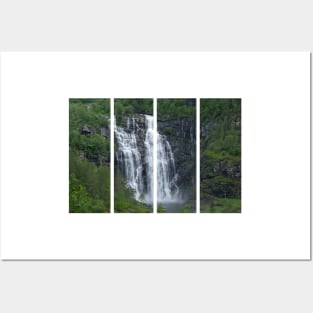 Wonderful landscapes in Norway. Hordaland. Beautiful scenery of Skjervsfossen waterfall from the Storelvi river on the Hardanger scenic route. Mountains, trees in background. Rainy day Posters and Art